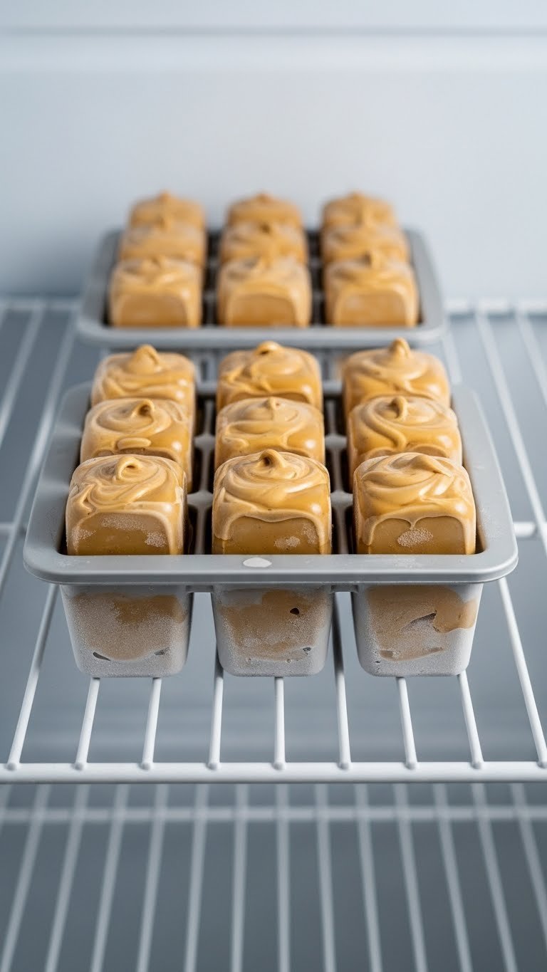 Whipped Coffee Large Batch Recipe for Freezing All Week 7 Ice cube trays filled with set, creamy whipped coffee are neatly arranged on a freezer shelf for convenient storage.