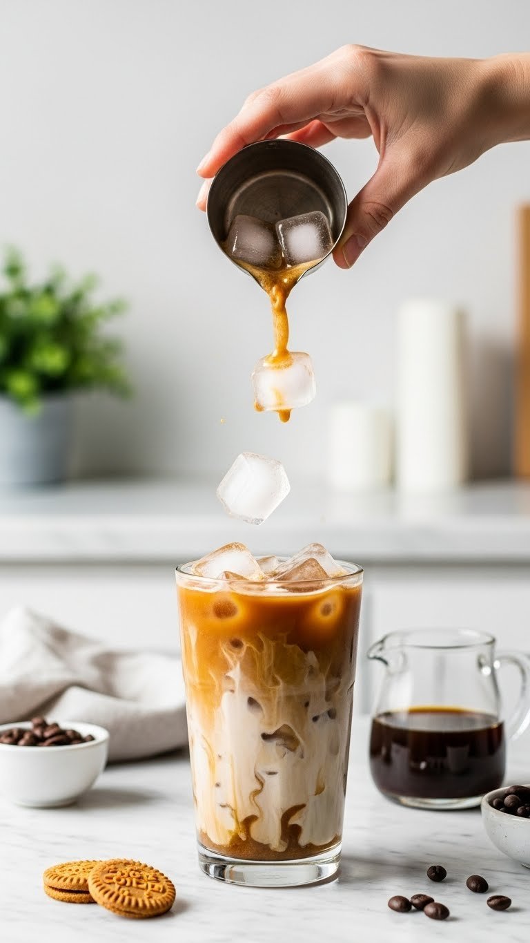 Ultimate Cookie Butter Iced Coffee: Easy Recipe for Perfection 5 Ice cubes dropping into tall glass with cookie butter mixture creating subtle swirl on minimalist marble surface