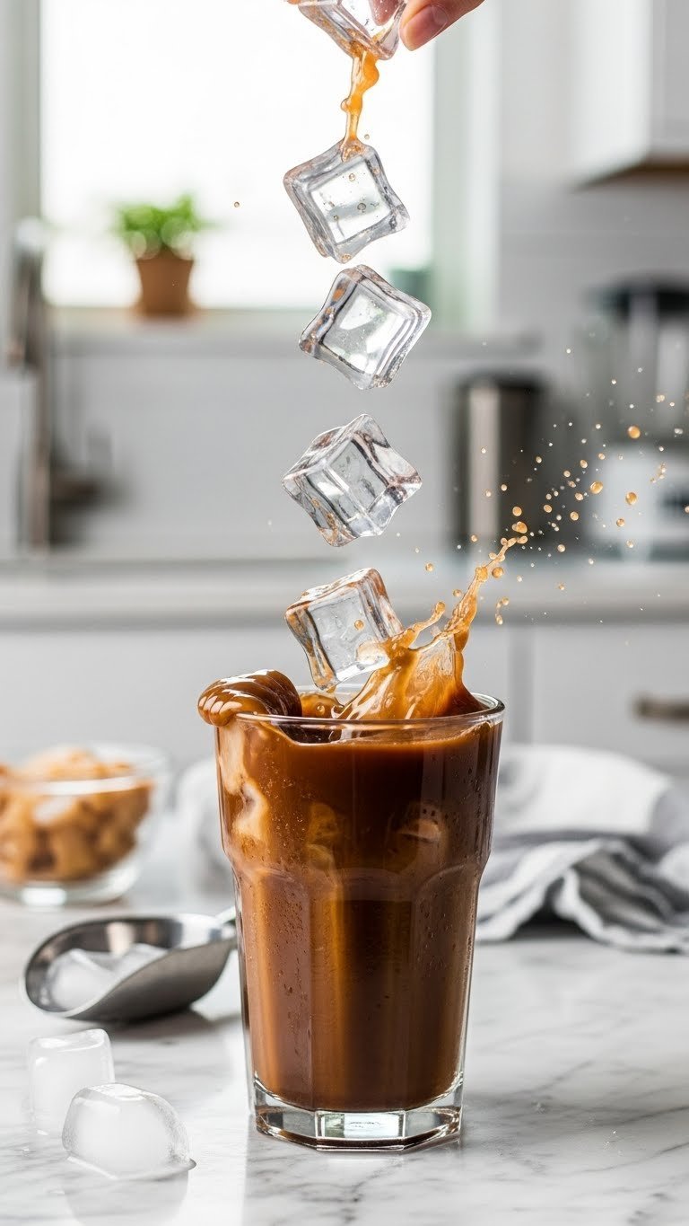 Ice cubes splashing into iced mocha drink with water droplets on glass surface in bright kitchen setting