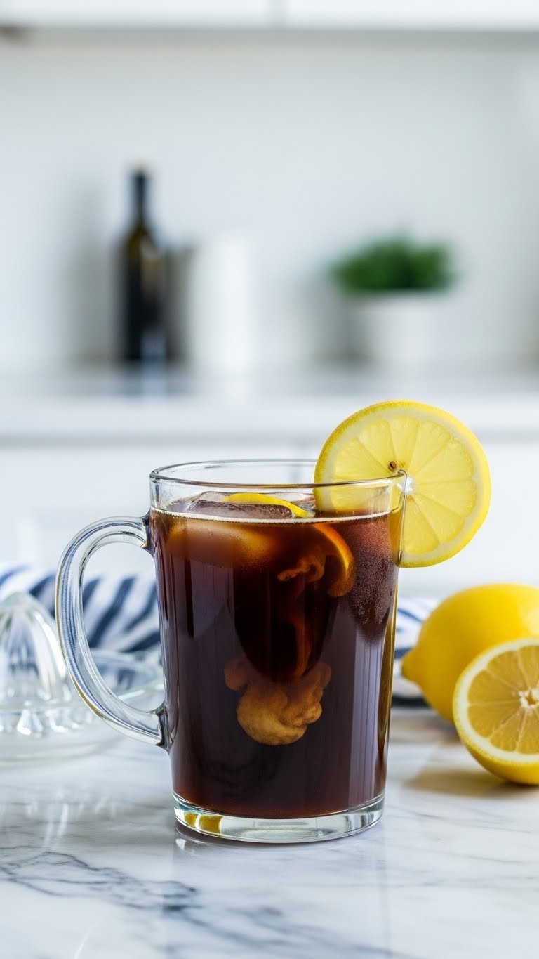 Iced black coffee with lemon slice in glass mug on marble countertop