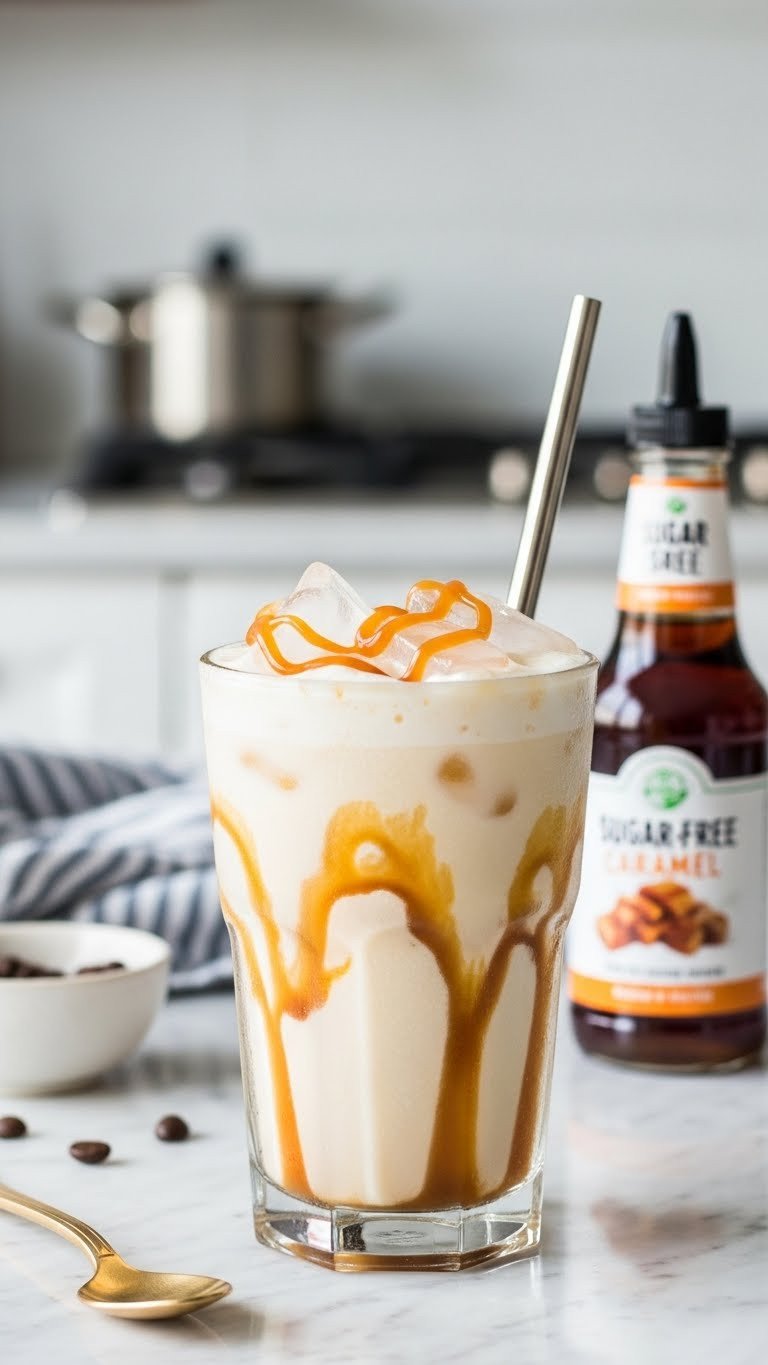 13 Bariatric Protein Coffee Recipes That Taste Amazing 3 Iced caramel protein coffee in a glass on a marble countertop