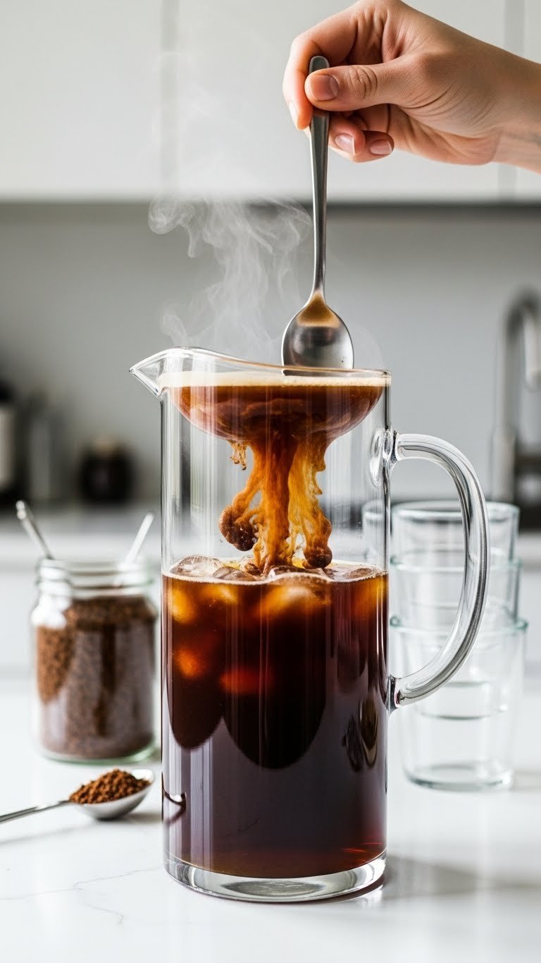Iced coffee being stirred with spoon showing dissolution process on clean white kitchen counter