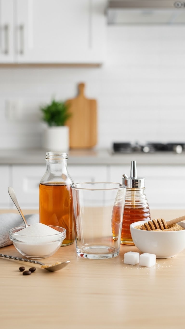 Iced coffee sweeteners including simple syrup, sugar bowl, and honey dispenser arranged around empty glass on light wood table.