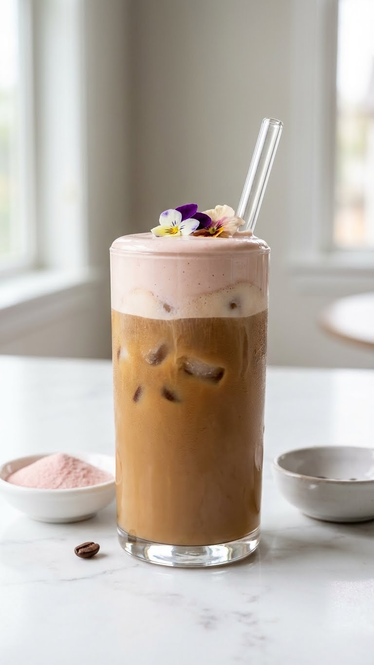 Easy Protein Coffee Creamer: Healthy Recipe for Delicious Mornings 7 Iced coffee with pink collagen protein creamer, edible flowers, and a glass straw on a marble countertop in a minimalist setting.