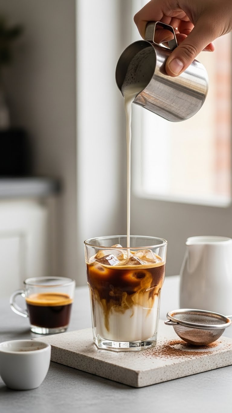 Iced espresso drink with layered espresso and frothy milk in glass on polished stone surface