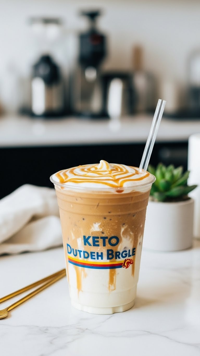 Iced keto Golden Eagle Dutch Bros drink with caramel drizzle and creamy swirl in clear cup on marble countertop