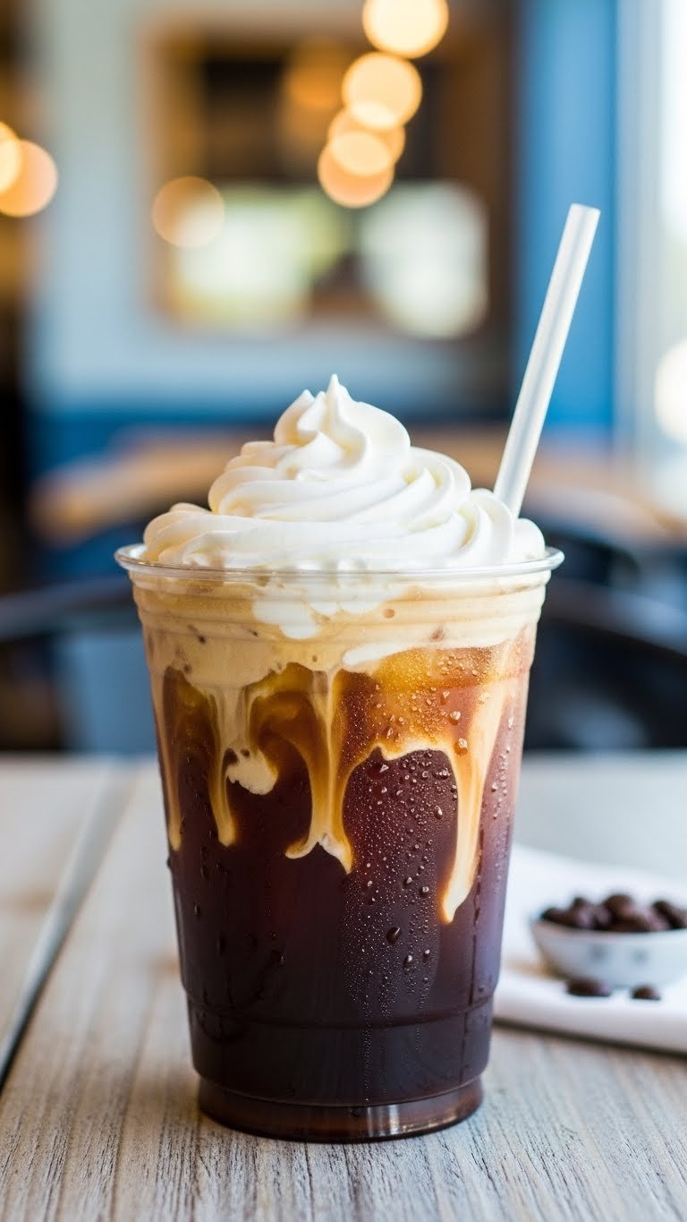 Iced keto cold brew coffee with creamy marbled swirl in clear cup on rustic wooden table with condensation and coffee beans