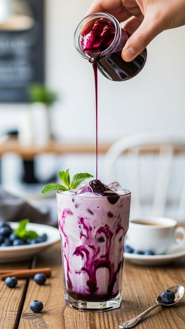 Iced latte being drizzled with homemade blueberry syrup stream against creamy milk with fresh blueberries garnish
