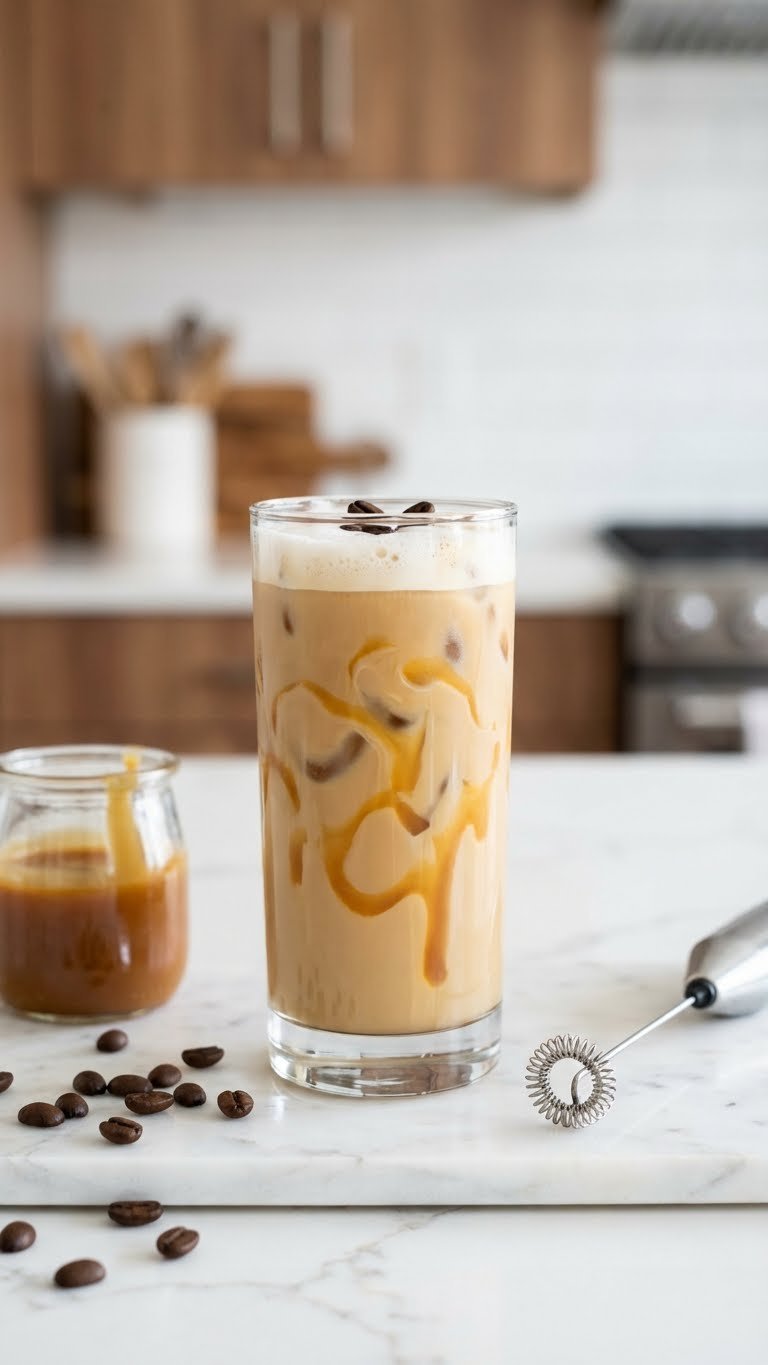 Iced Protein Coffee: 7 Proven Recipes & Expert Tips 7 Iced low-calorie caramel protein coffee with sugar-free swirls, foam, and espresso beans, served in a clear glass.
