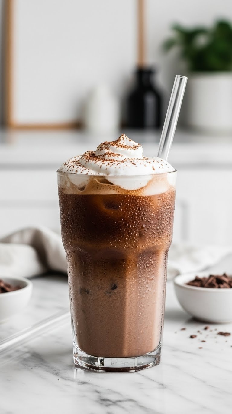 Iced mocha plant-based protein coffee with dairy-free coconut whipped cream, cocoa powder, glass straw, and chocolate shavings on marble.