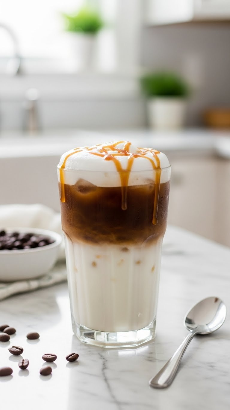 Iced protein vanilla macchiato in a tall glass on a marble countertop