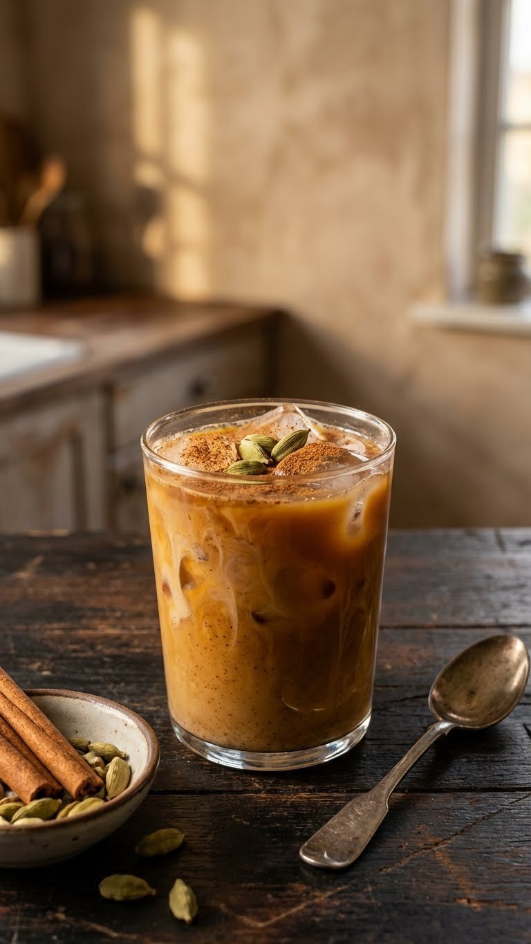 Iced Protein Coffee: 7 Proven Recipes & Expert Tips 9 Iced spiced cinnamon cardamom protein coffee with milk swirls, cinnamon dusting, and cardamom pods.