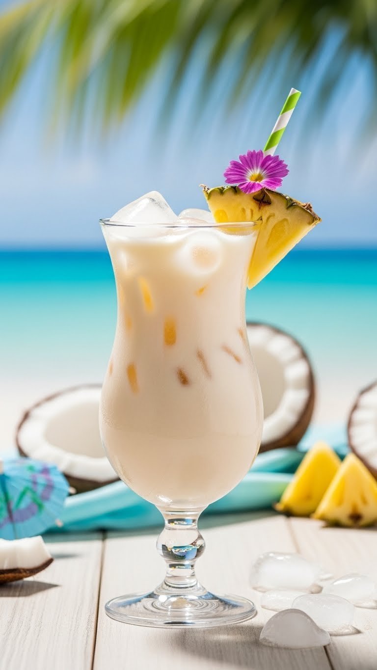 Iced tropical coconut cream protein coffee in a glass with ice and coconut garnish on beach wood, ideal for summer.