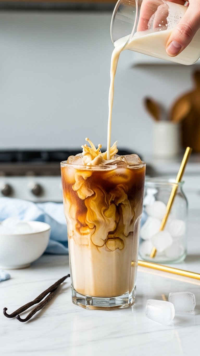 5 Creamy Low Calorie Protein Coffee Recipes For Weight Loss 1 Iced vanilla proffee with swirling milk and coffee in a sweating glass on a marble counter with vanilla bean and gold straw