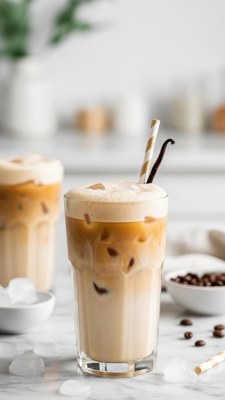 Iced vanilla protein coffee latte in a tall glass with creamy layers, ice, and a vanilla bean pod on a marble counter in soft daylight.