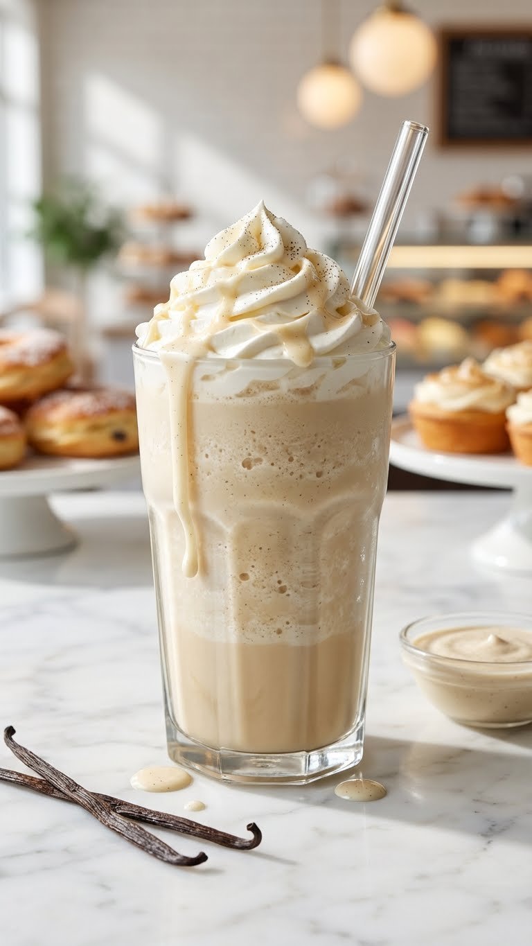Icy French Vanilla Protein Frappe, generously topped with whipped cream and vanilla drizzle, on marble.
