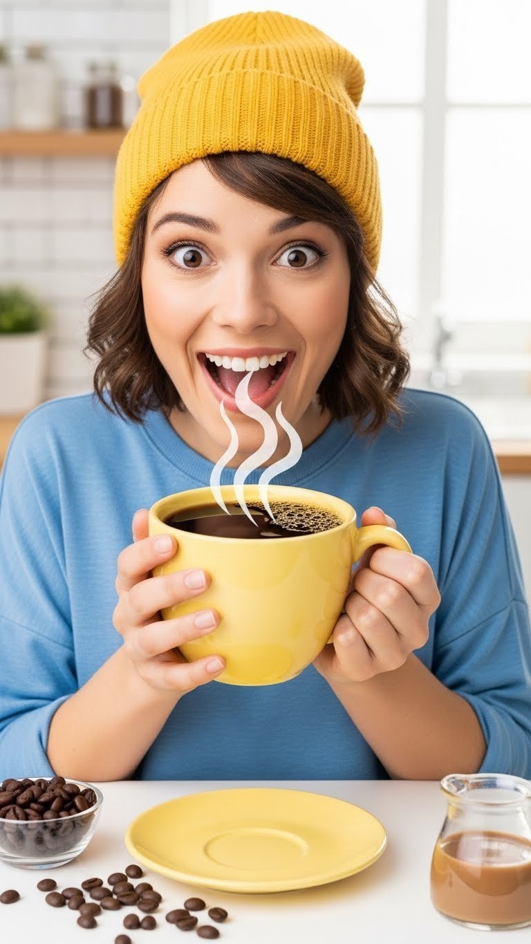 Illustrated person with wide eyes happily clutching oversized black coffee mug with playful steam