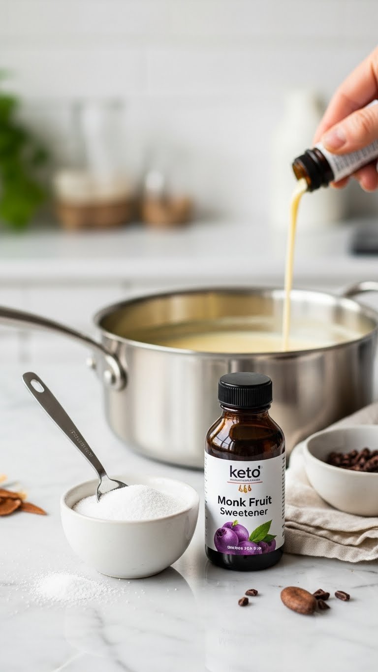 Immersion blender blending smooth keto peppermint mocha creamer in saucepan creating frothy swirl with warm golden brown liquid.