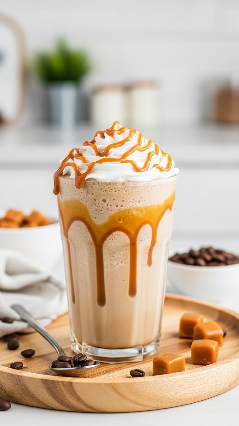 Protein Coffee Caramel: 5 Delicious DIY Recipes to Try 5 Indulgent caramel protein frappe in a frosted glass showcasing rich, creamy texture and sweet caramel swirls.