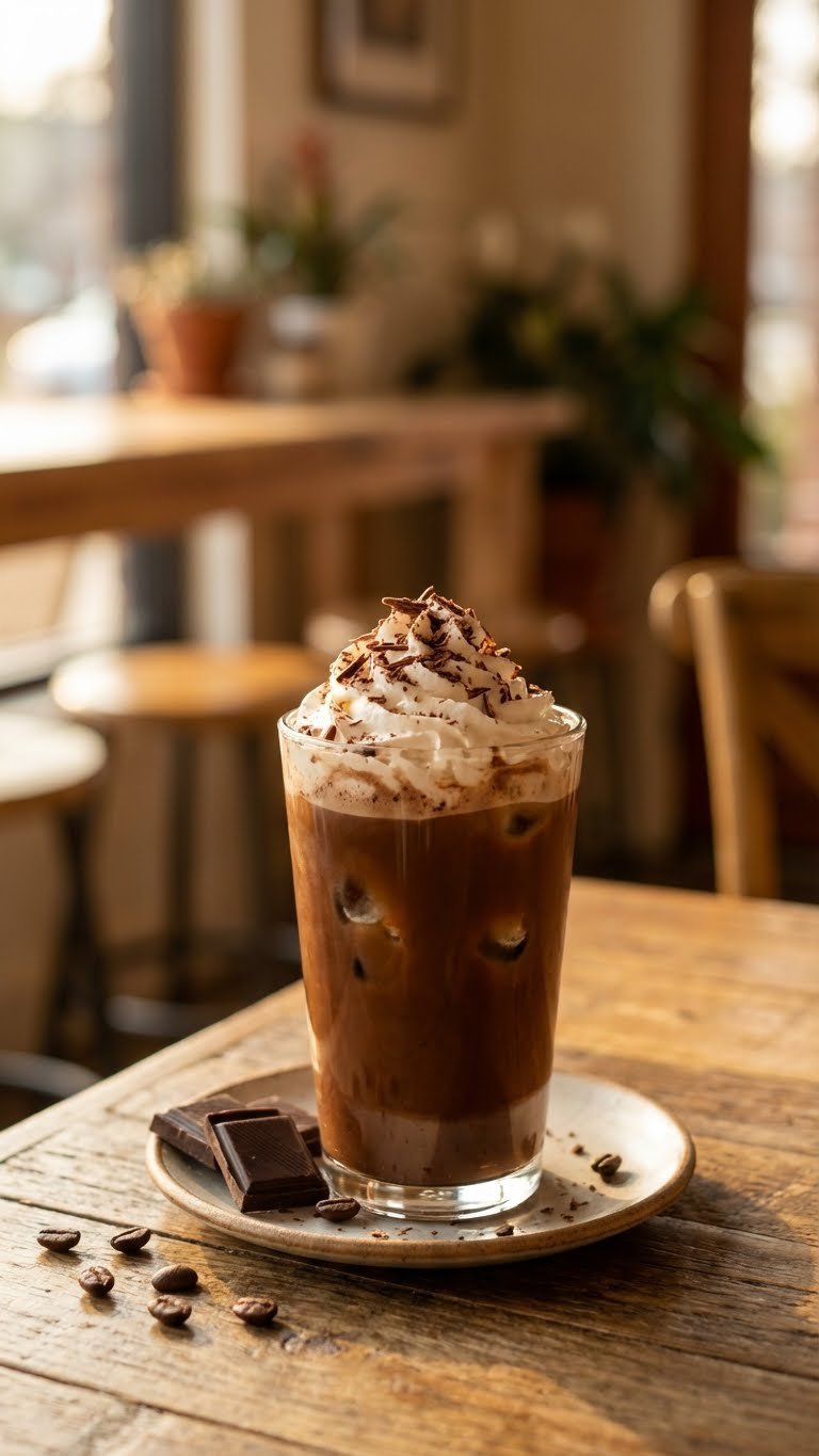 Iced Protein Coffee: 7 Proven Recipes & Expert Tips 3 Indulgent iced chocolate mocha protein cold brew with whipped cream, chocolate shavings, and ice on a rustic wooden table.