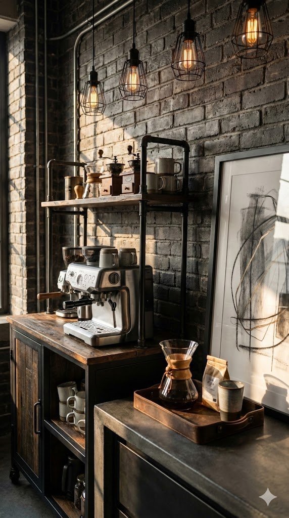 Industrial chic black coffee bar cart with exposed pipe shelving and vintage coffee grinders