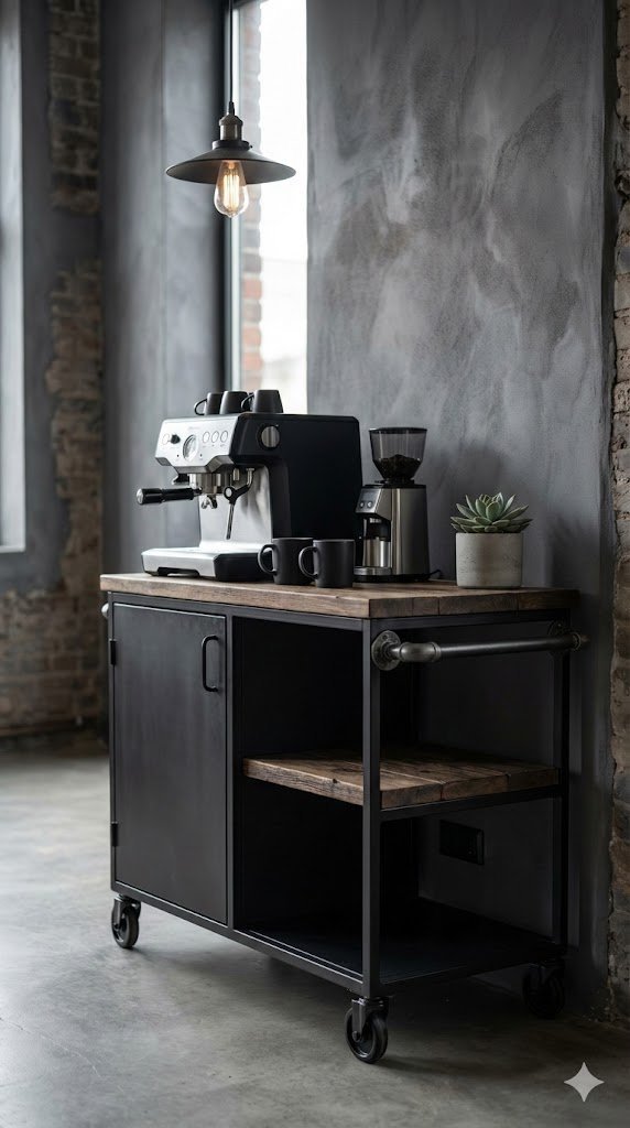 Industrial chic black coffee cart with exposed pipes and dark wood accents featuring matte black mugs and stainless steel coffee grinder on polished concrete floor.