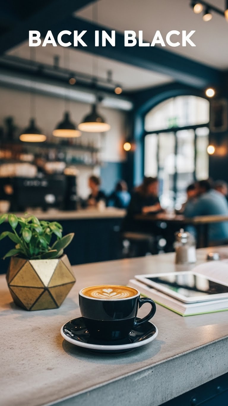Industrial chic black coffee on concrete counter at Back in Black cafe Paris with bustling interior and geometric plant decor