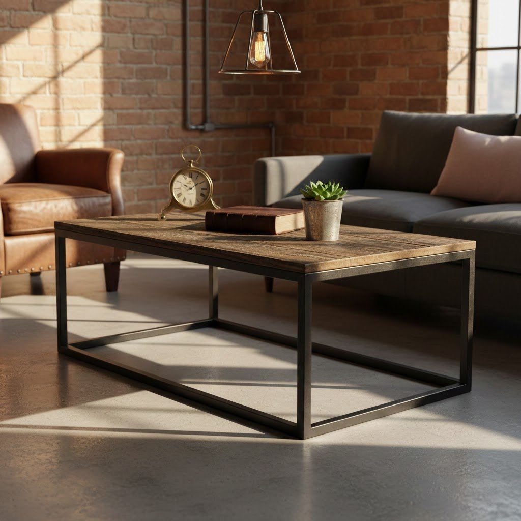 Industrial-chic living room with rectangular black metal coffee table styled with vintage brass clock and succulent