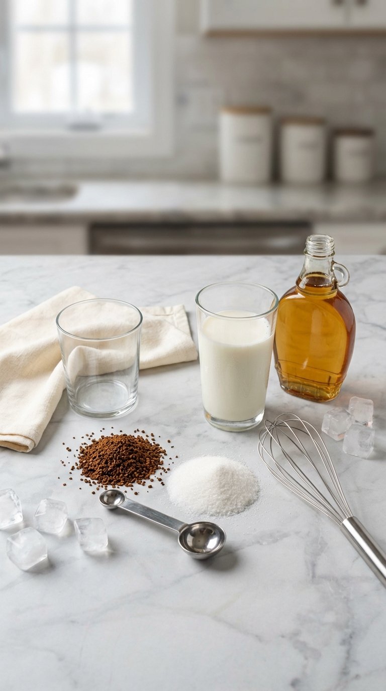 Whipped Coffee Caramel: Ultimate Recipe for Perfect Foam 1 Ingredients and equipment for whipped coffee caramel arranged neatly on a marble countertop in bright daylight.