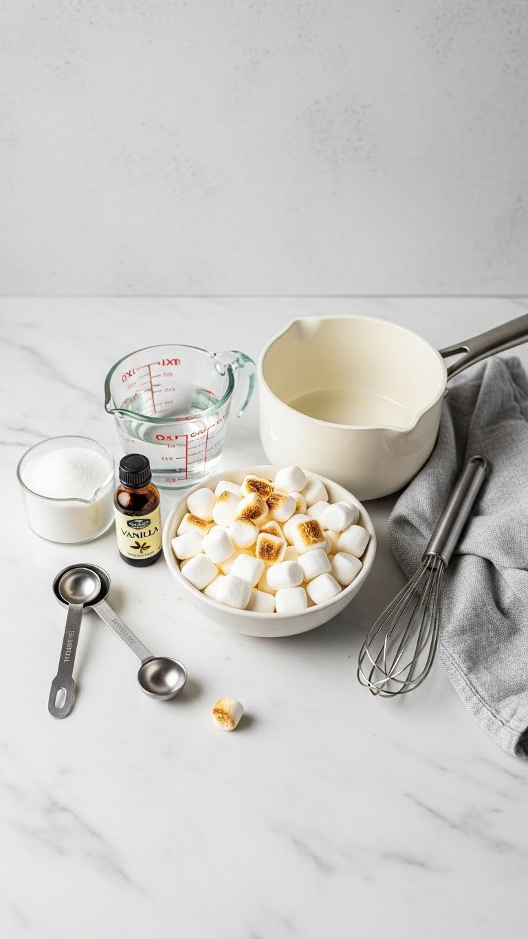 Ingredients for homemade toasted marshmallow syrup arranged on marble countertop including sugar, marshmallows, vanilla extract, and saucepan