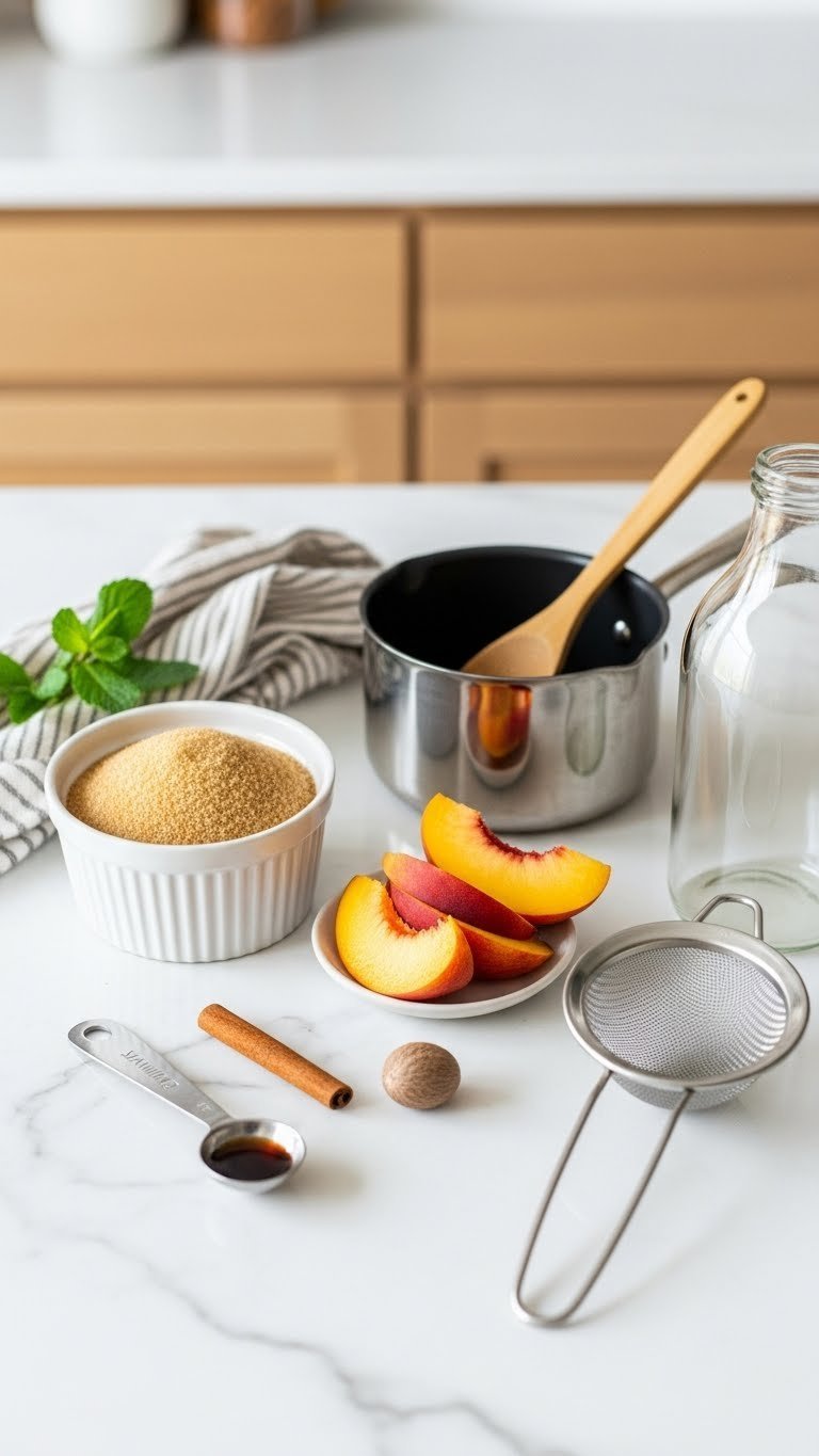 Ingredients for peach coffee syrup including ceramic bowl with sugar, cinnamon stick, and fresh peach slices on marble surface