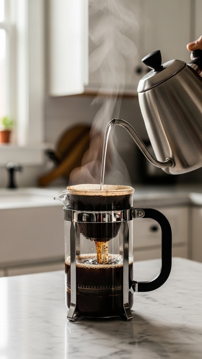 Initial pour of hot water creating bloom on coarse coffee grounds in French press showing bubbling expansion