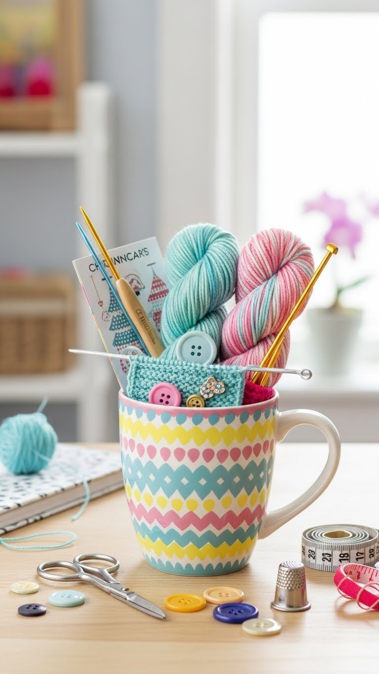 Inspiring crafting mug filled with colorful yarn, knitting needles, and buttons for creative projects