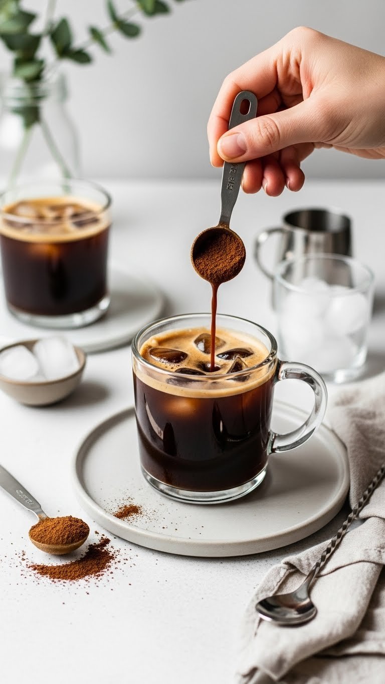 Instant espresso powder being stirred into iced drink with measuring spoon on ceramic surface for quick preparation