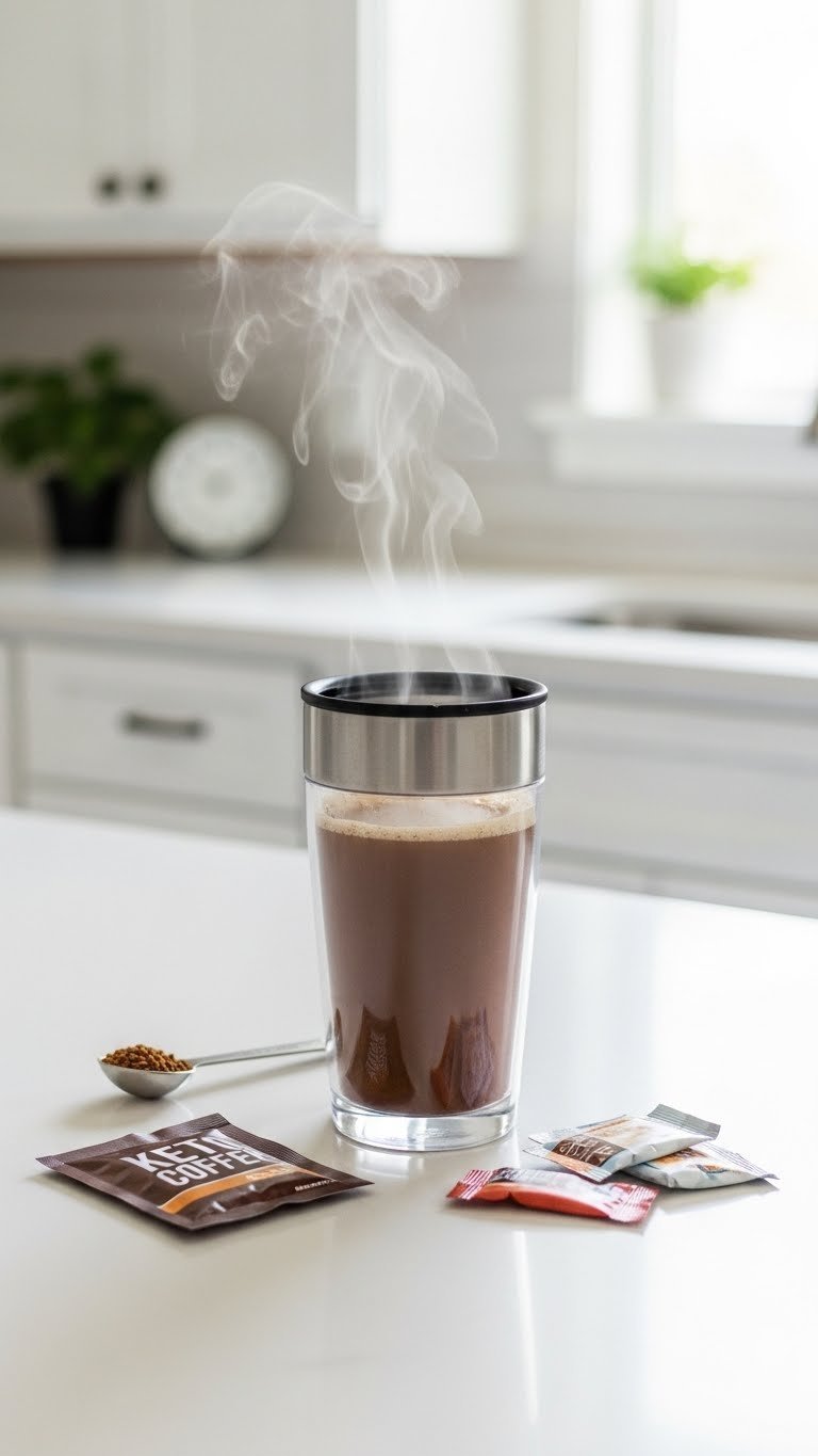 Instant keto coffee in sturdy travel mug with rising steam on clean kitchen countertop with coffee packet.