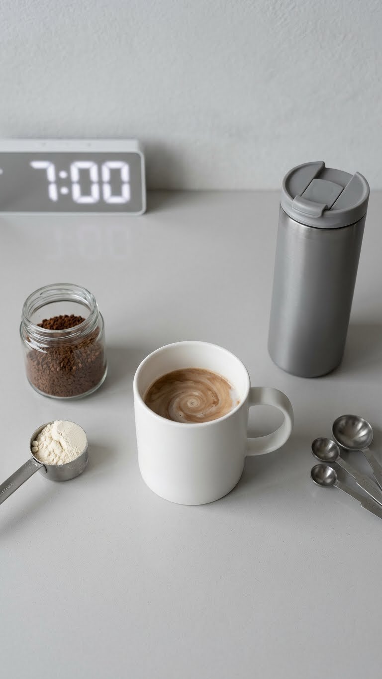 30g Protein Coffee Ultimate Guide Recipes Brands Benefits 11 Instant protein coffee preparation: mug, coffee granules, protein powder, milk swirl on minimalist counter. Quick, convenient morning drink.