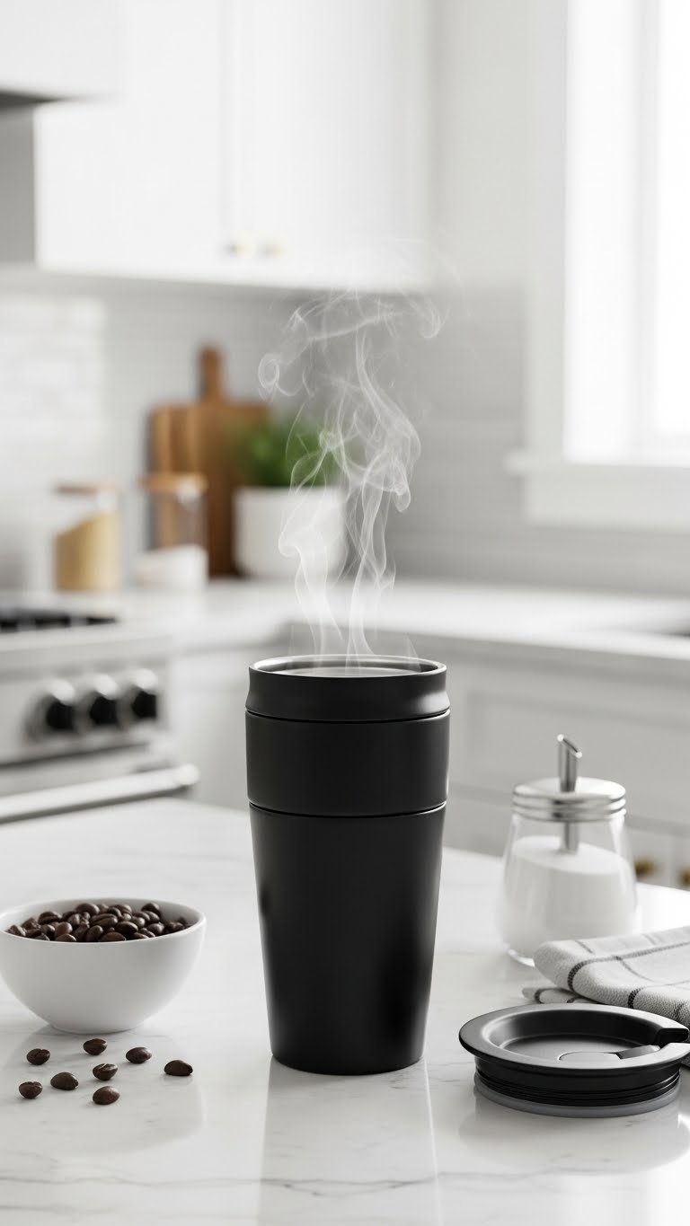 Insulated black coffee mug with lid on white marble countertop in modern kitchen interior
