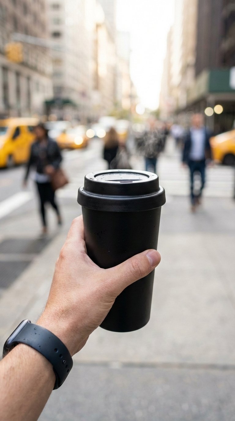 Insulated black travel coffee cup held in hand during morning commute with blurred city street background