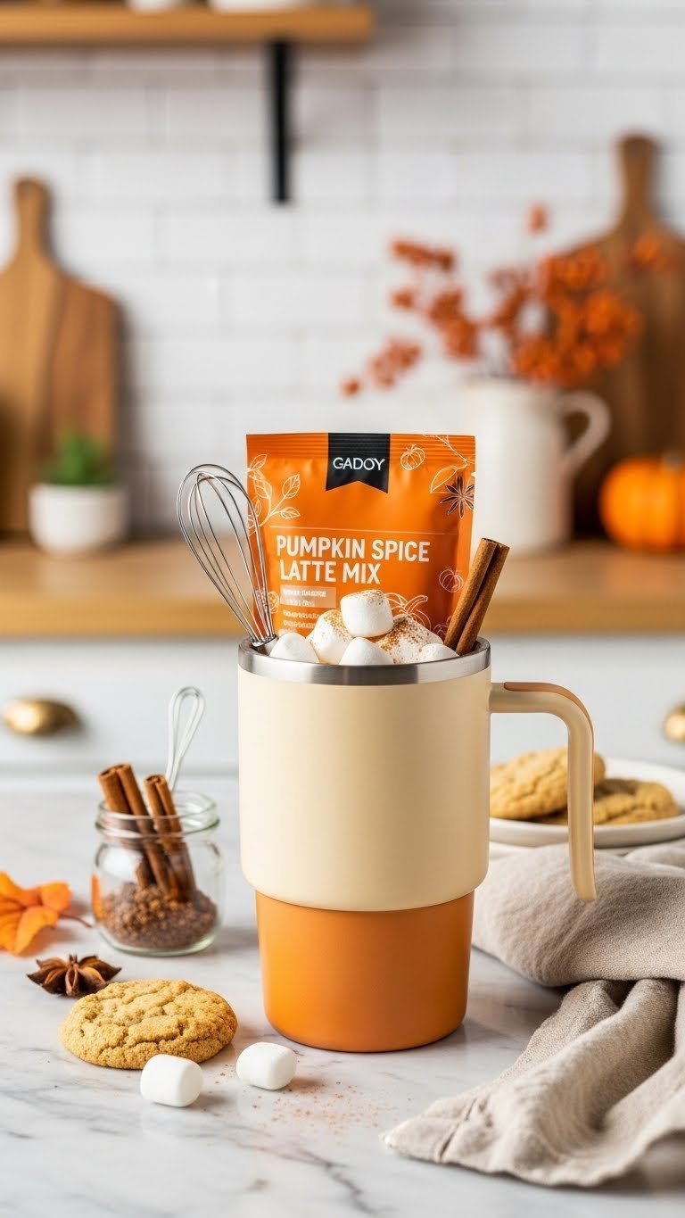 Insulated travel mug containing pumpkin spice latte mix, cinnamon sticks, and mini marshmallows on marble countertop with golden hour lighting.