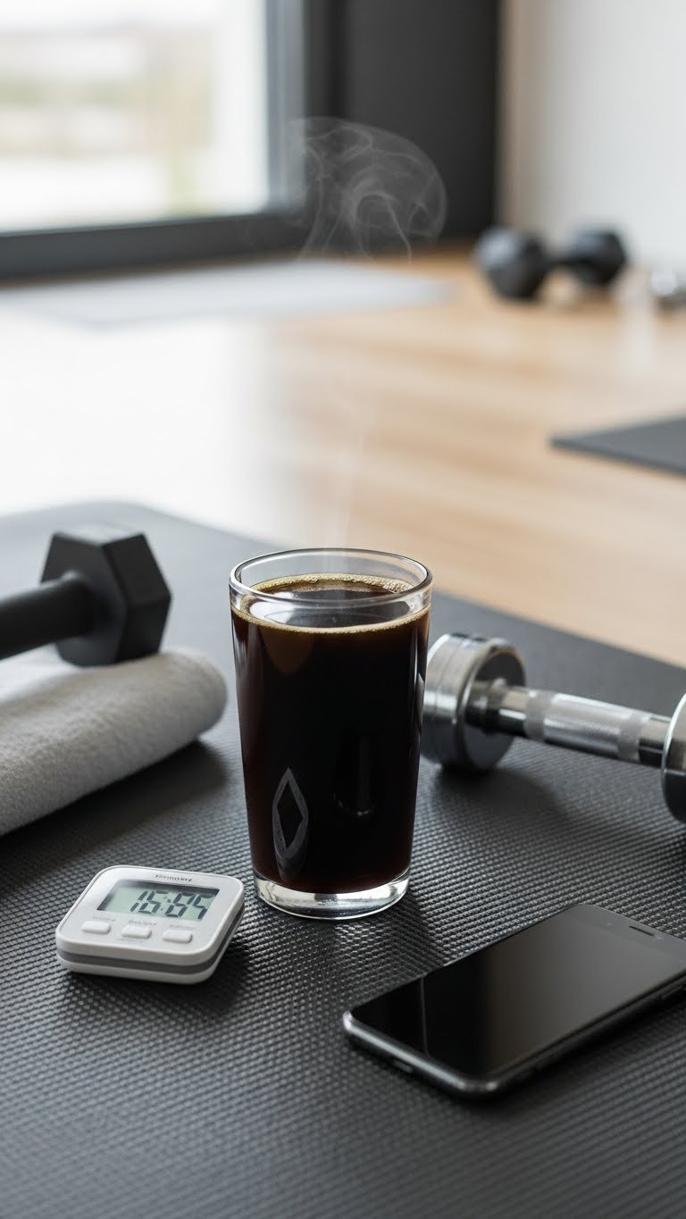 Insulated travel mug of black coffee next to minimalist workout gear on clean gym mat in home gym setting