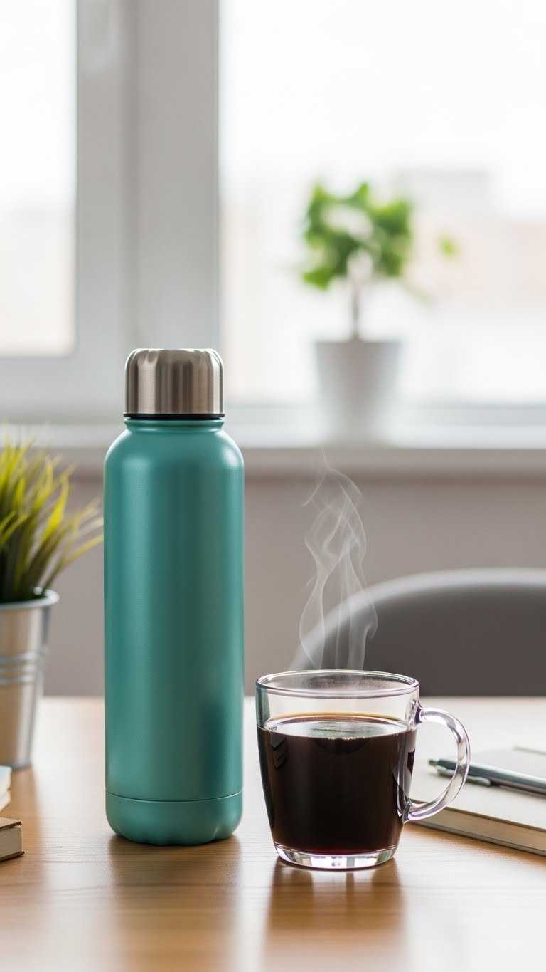 Insulated water bottle beside steaming black coffee mug on modern wooden desk emphasizing hydration balance