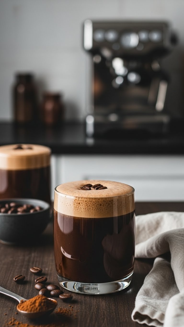 Intense espresso boost keto coffee protein shake with dense foam and espresso bean garnish