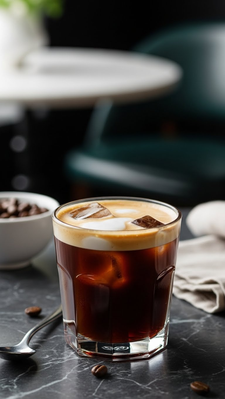 Intense iced espresso drink in elegant glass with dark concentrated coffee and thick cream layer