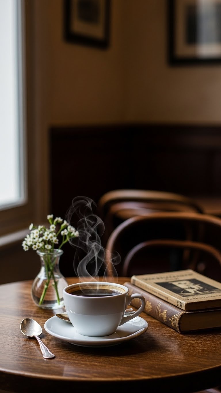 Intimate corner at Télescope Café Paris with black coffee on vintage table and antique silver spoon in soft window light