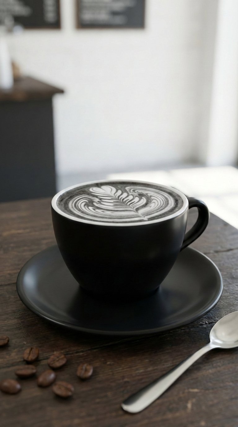 Intricate monochromatic coffee art in black ceramic cup with minimalist presentation on light saucer