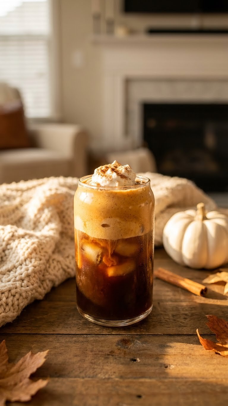 Cold Brew Protein Coffee: 7 Delicious Recipes for Energy 11 Inviting spiced pumpkin protein cold brew coffee with whipped cream and pumpkin spice on a rustic autumn table.