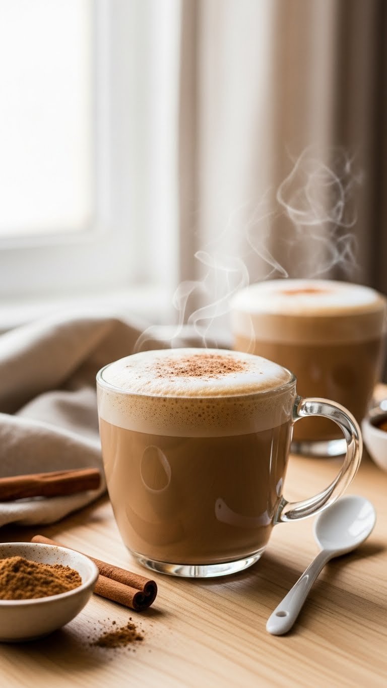 Inviting spicy cinnamon protein coffee latte with frothy foam, cinnamon dust, and cinnamon stick on a light wooden table.