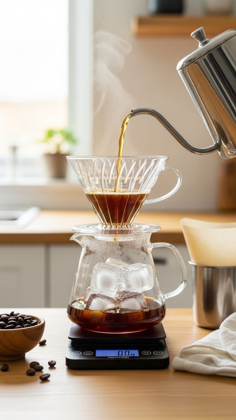 Japanese iced coffee brewing setup with V60 dripper over server containing clear ice cubes on digital scale