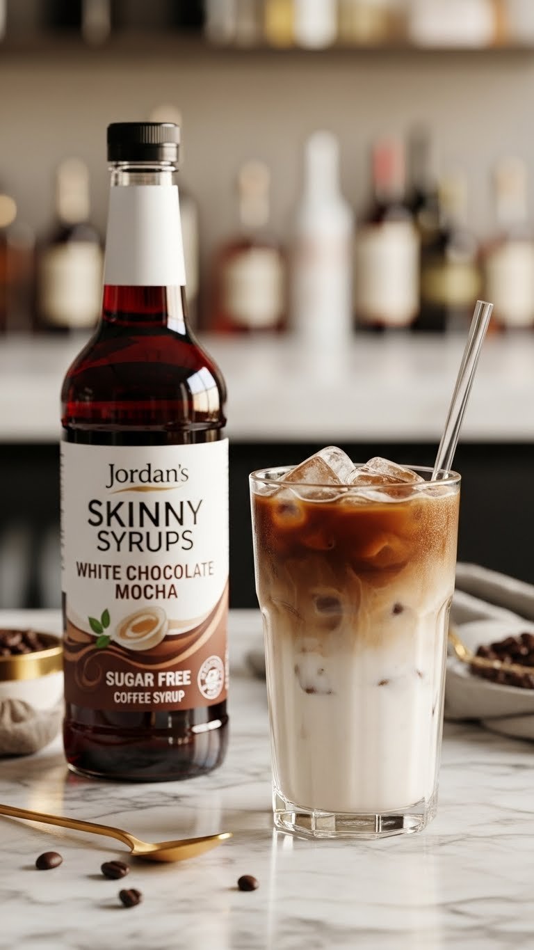Jordan's Skinny Syrups White Chocolate Mocha Sugar Free bottle positioned behind tall glass of iced white chocolate mocha.