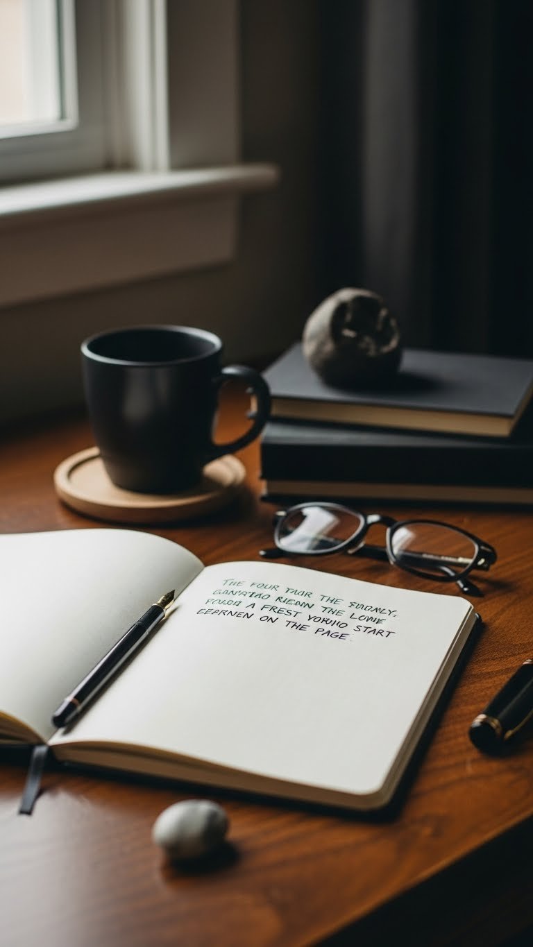 Journal page featuring creative writing prompt with fountain pen and coffee mug on dark desk
